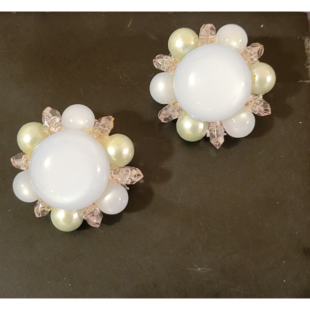 Vintage Flower Clip On Earrings‎ Pearl Beaded Statement Elegant - Picture 3 of 14